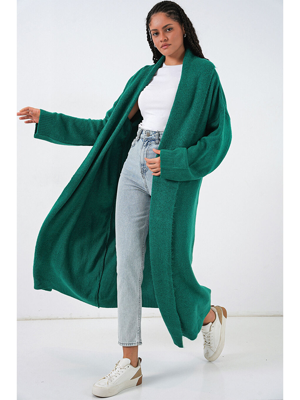 Kadın Uzun Oversize Triko Hırka 15924 - Zümrüt Yeşili-1