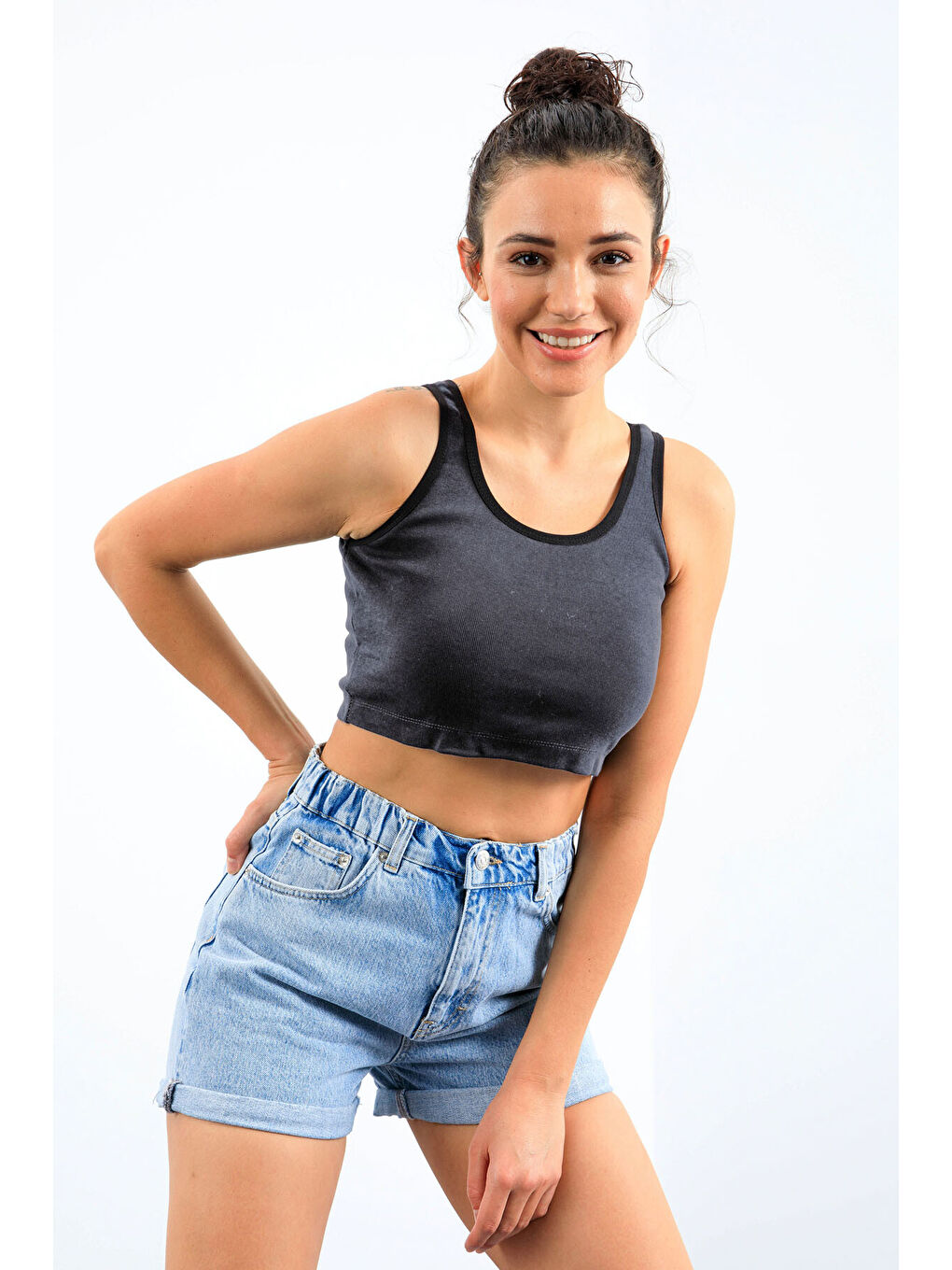 Lacivert Melanj Basic Sıfır Kol Dar Kalıp U Yaka Kadın Crop Top Atlet - 97162
