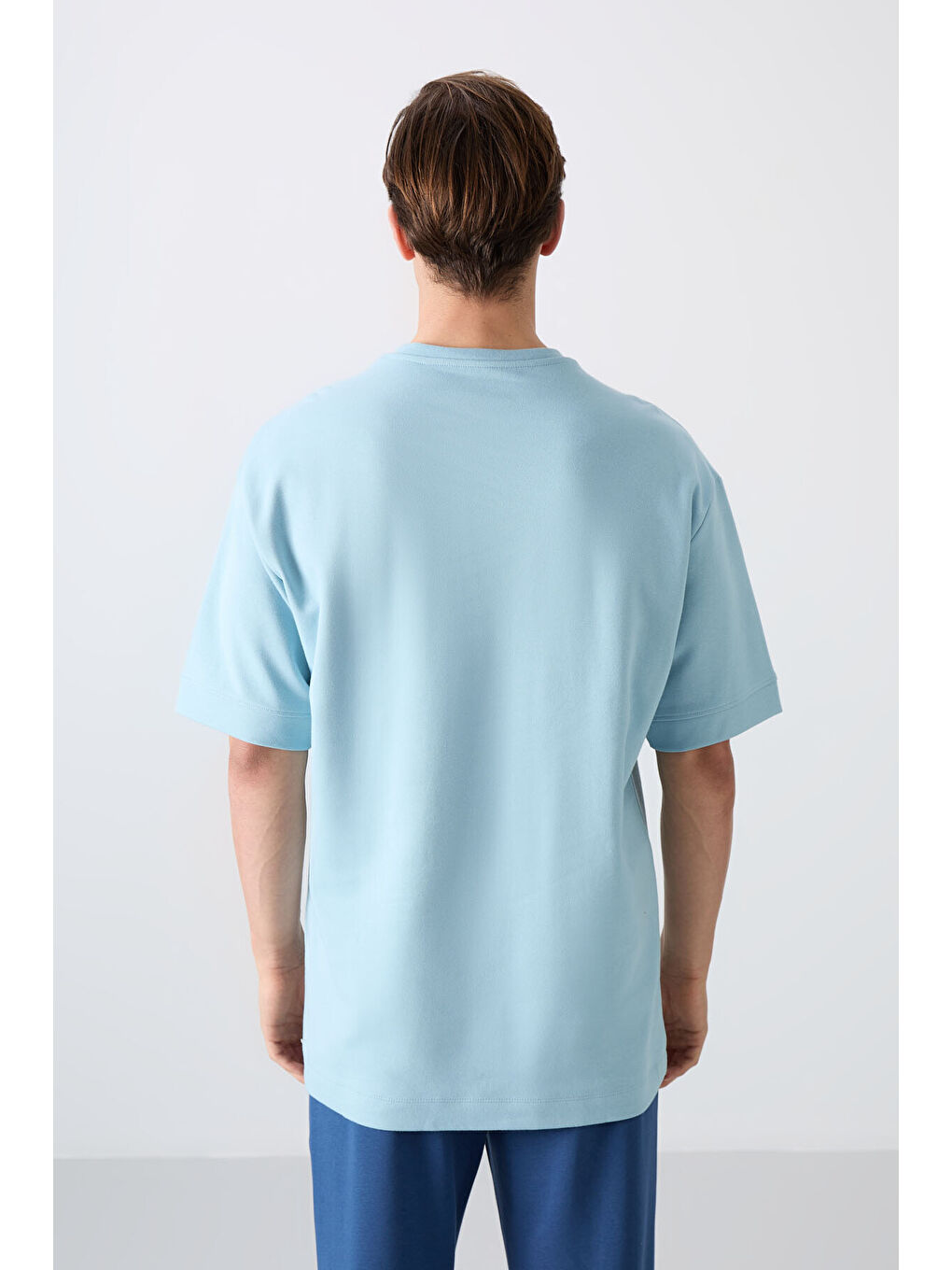 Açık Mavi Pamuklu Kalın Yumuşak Dokulu Oversize Fit Baskılı Erkek Tişört - 88323-4