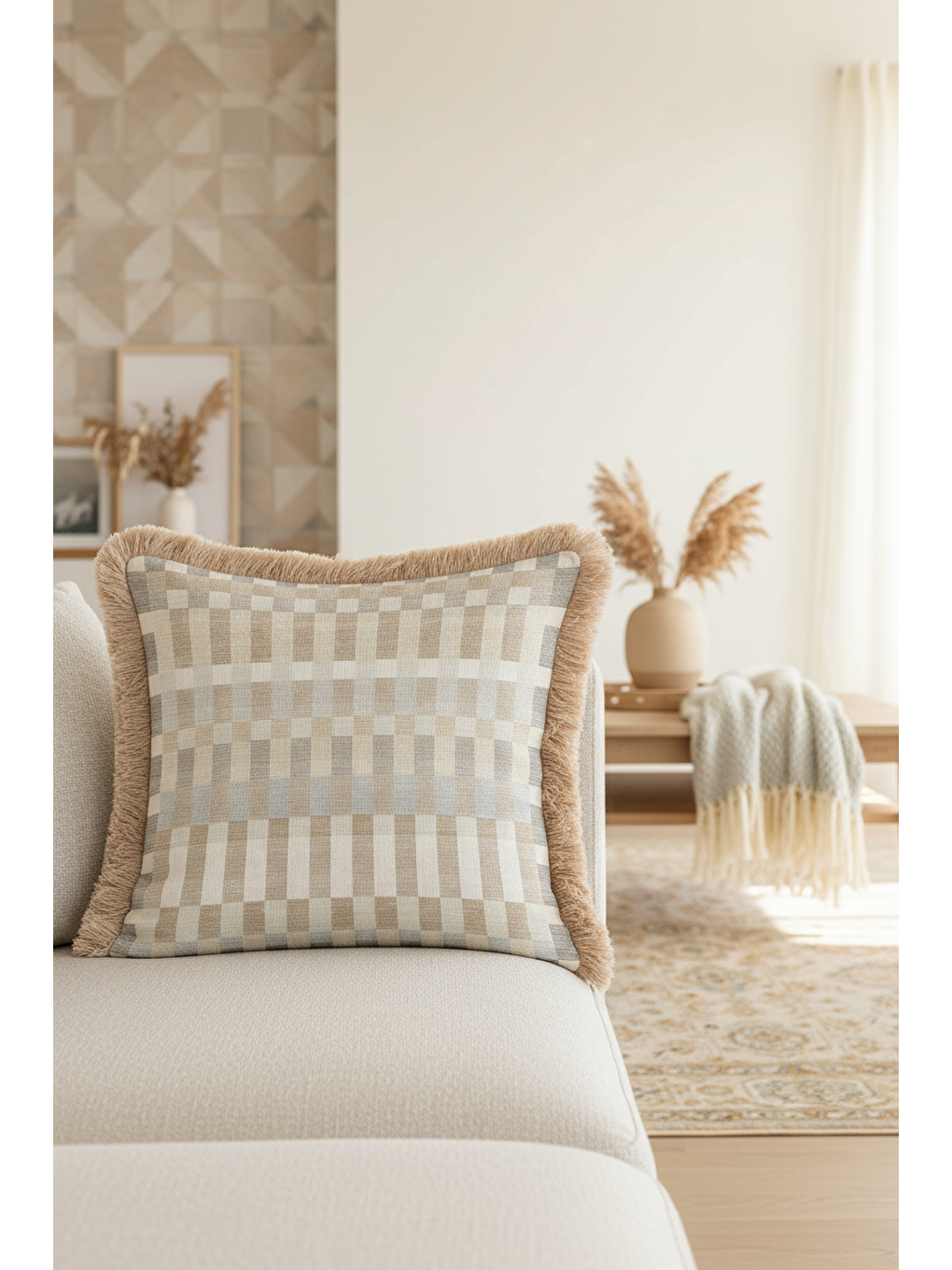 Karışık Lüks Kare Dokulu Saçaklı Yastık Kılıfı - Krem Bej Gri Modern Püsküllü Kırlent Kılıfı-2