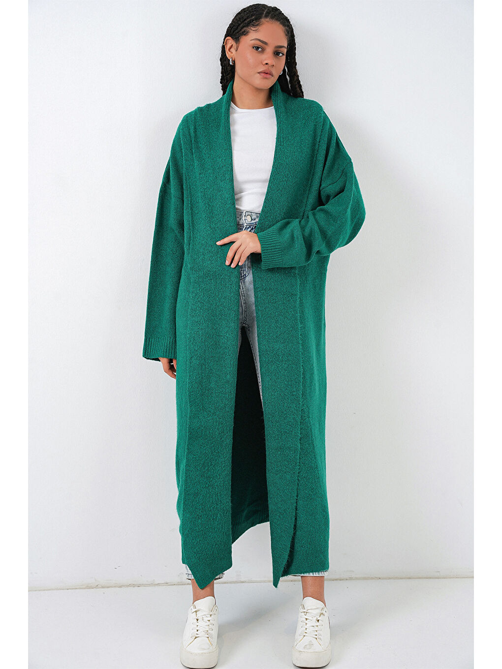 Kadın Uzun Oversize Triko Hırka 15924 - Zümrüt Yeşili-2