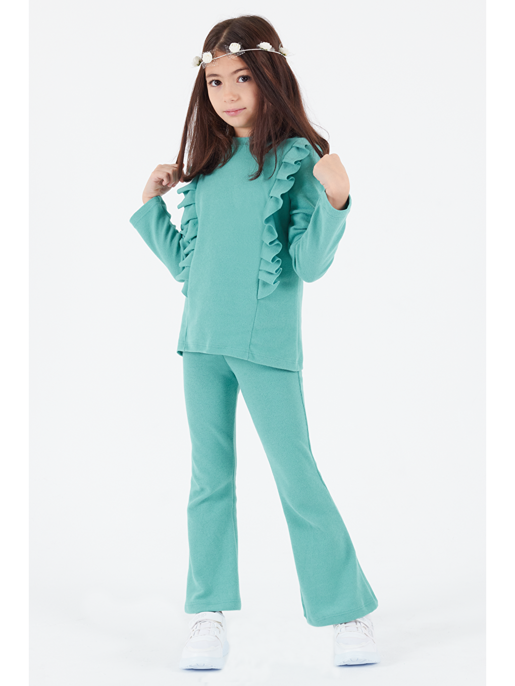 Yeşil Kız Çocuk İspanyol Paça Fırfırlı Takım 14637