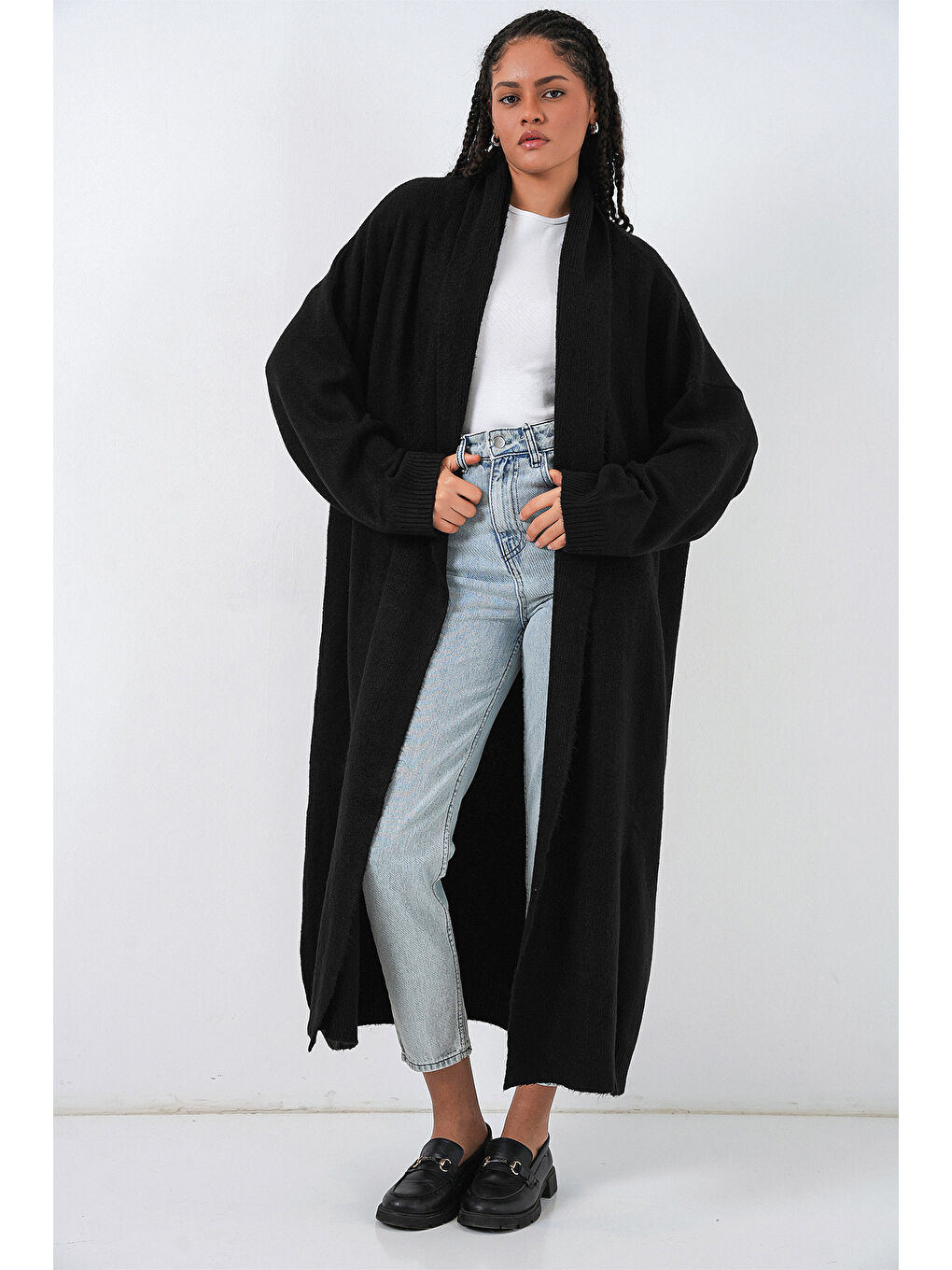 Kadın Uzun Oversize Triko Hırka 15924 - Siyah