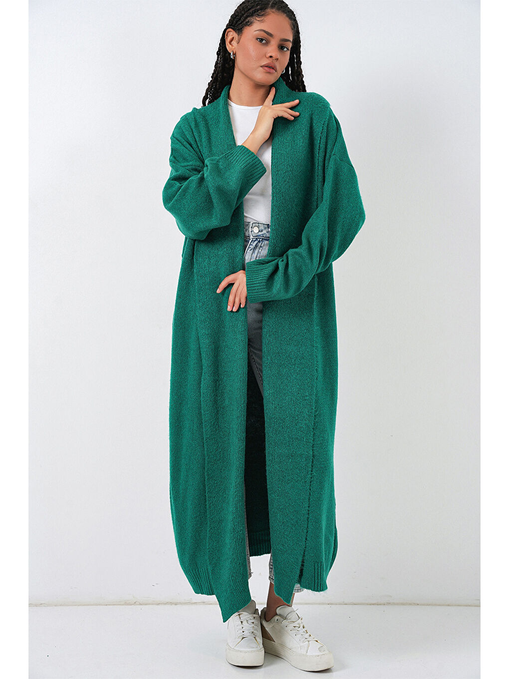 Kadın Uzun Oversize Triko Hırka 15924 - Zümrüt Yeşili-3