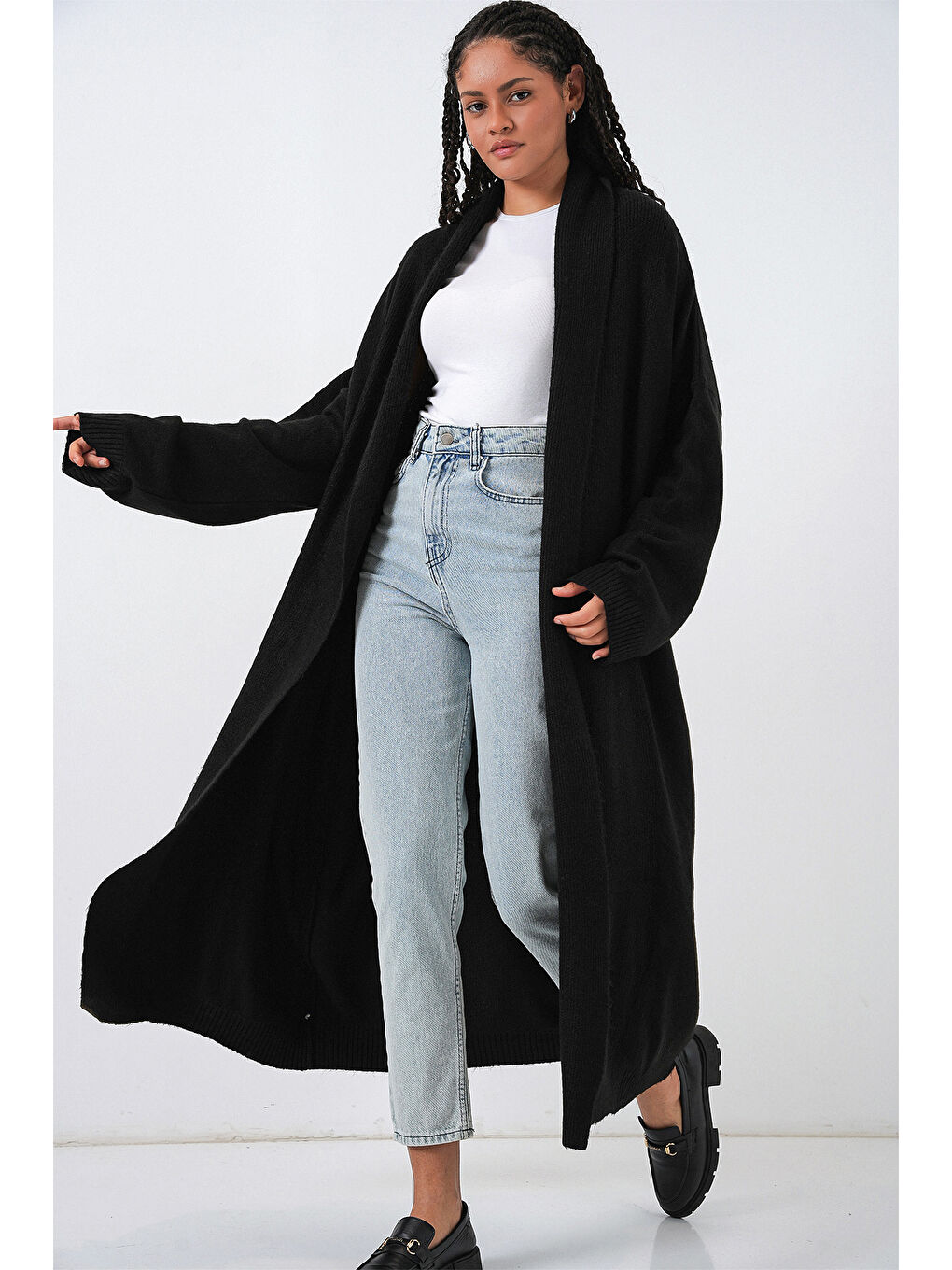 Kadın Uzun Oversize Triko Hırka 15924 - Siyah-1