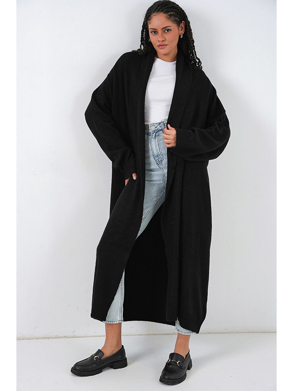 Kadın Uzun Oversize Triko Hırka 15924 - Siyah-2