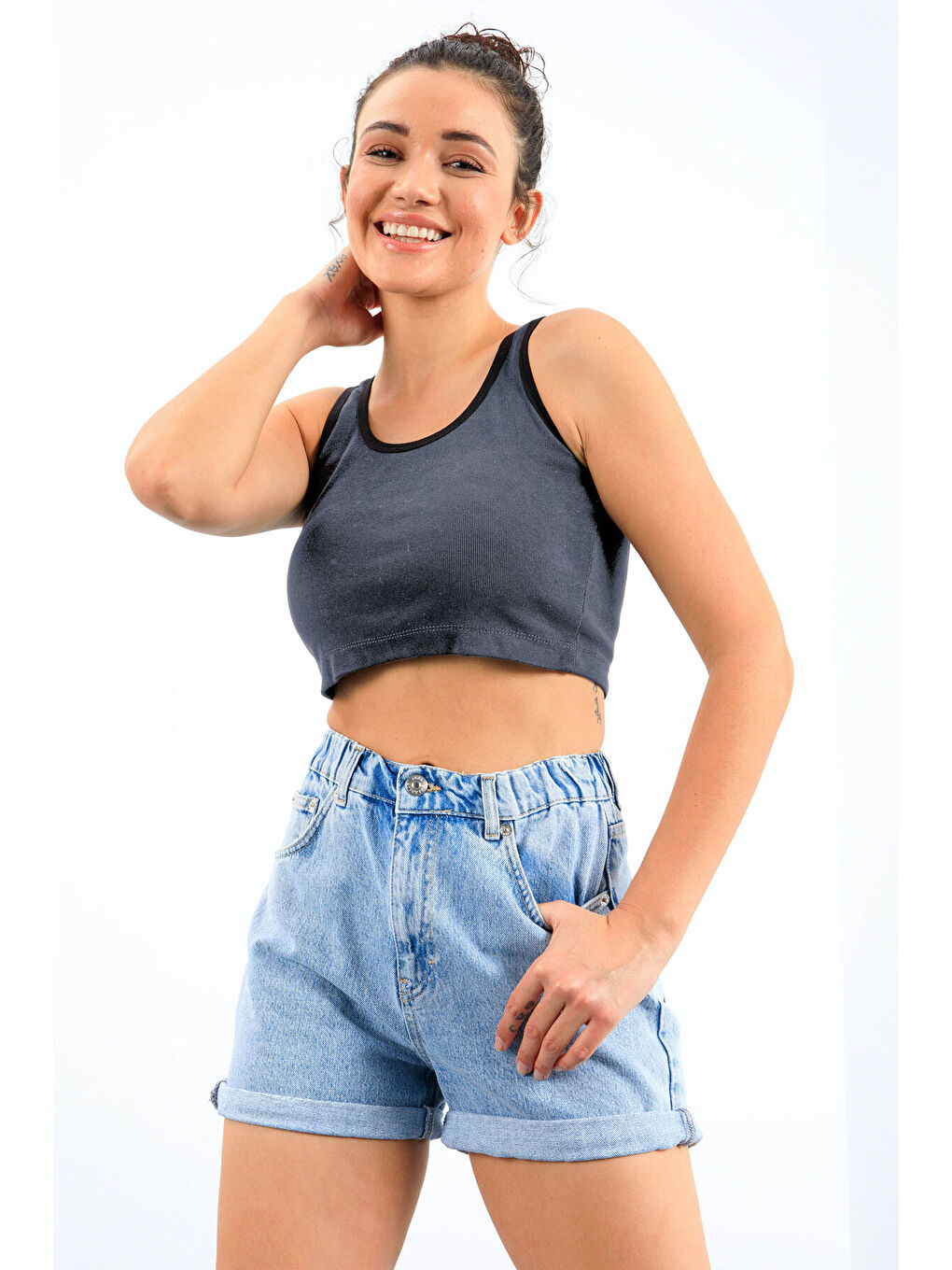 Lacivert Melanj Basic Sıfır Kol Dar Kalıp U Yaka Kadın Crop Top Atlet - 97162-4