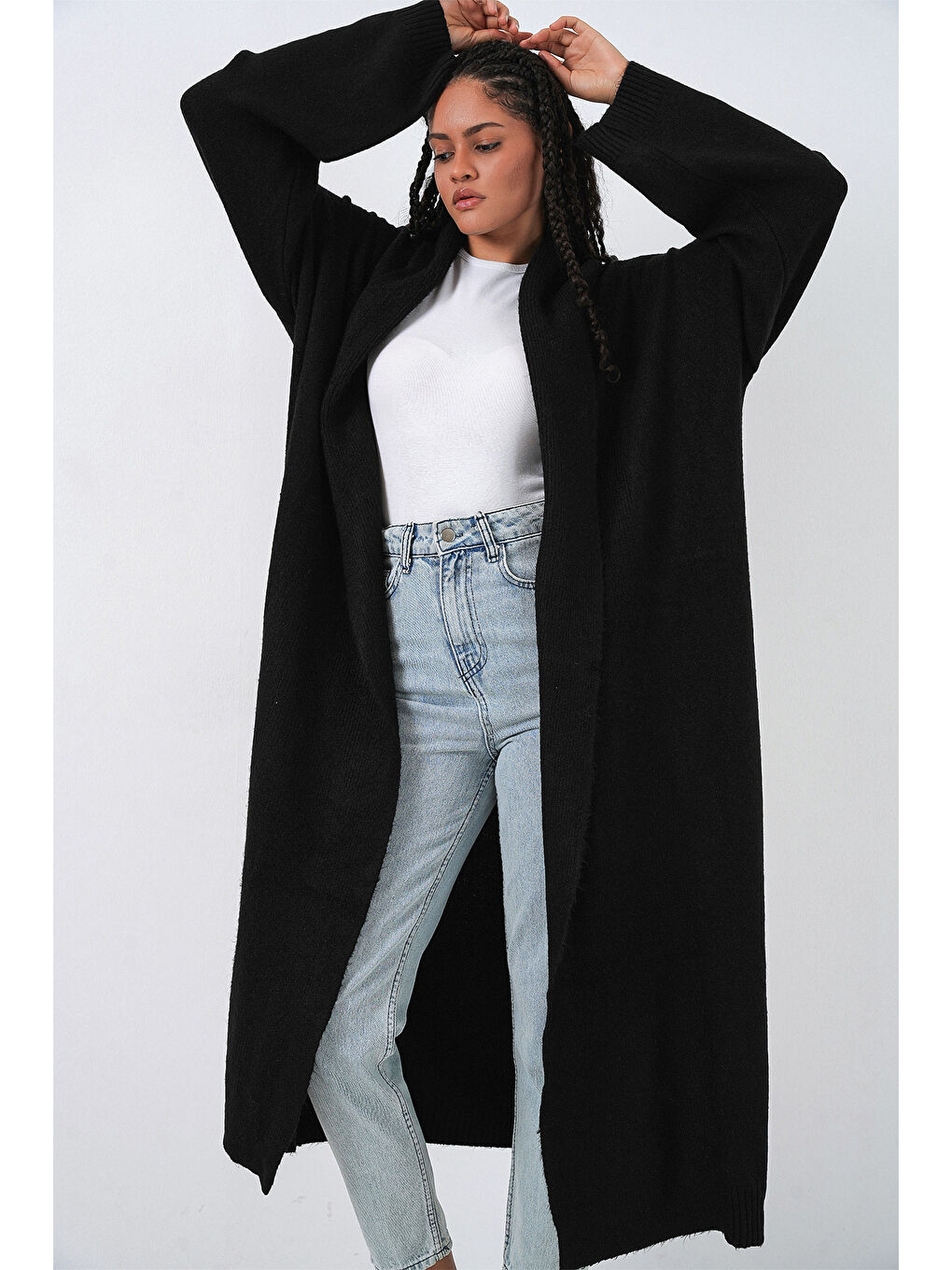 Kadın Uzun Oversize Triko Hırka 15924 - Siyah-3