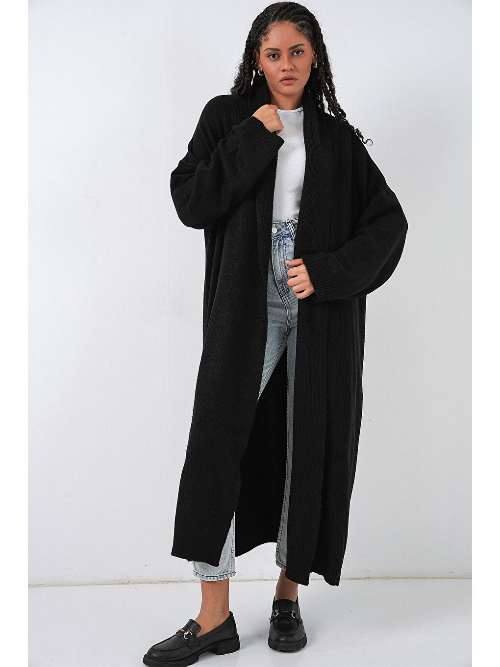 Kadın Uzun Oversize Triko Hırka 15924 - Siyah-4