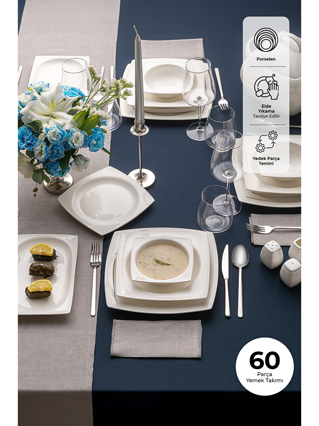 Beyaz Zencerek Fine Bone 60 Parça 12 Kişilik Kare Yemek Takımı-2