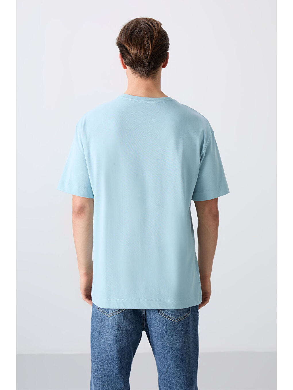 Açık Mavi Pamuklu Kalın Yumuşak Dokulu Oversize Fit Baskılı Erkek Tişört - 88330-4
