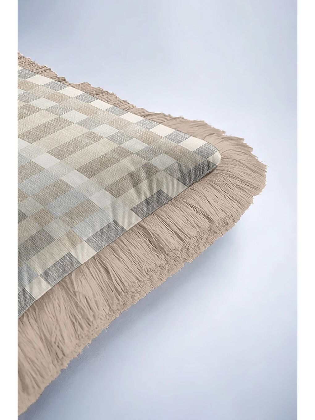 Karışık Lüks Kare Dokulu Saçaklı Yastık Kılıfı - Krem Bej Gri Modern Püsküllü Kırlent Kılıfı-6