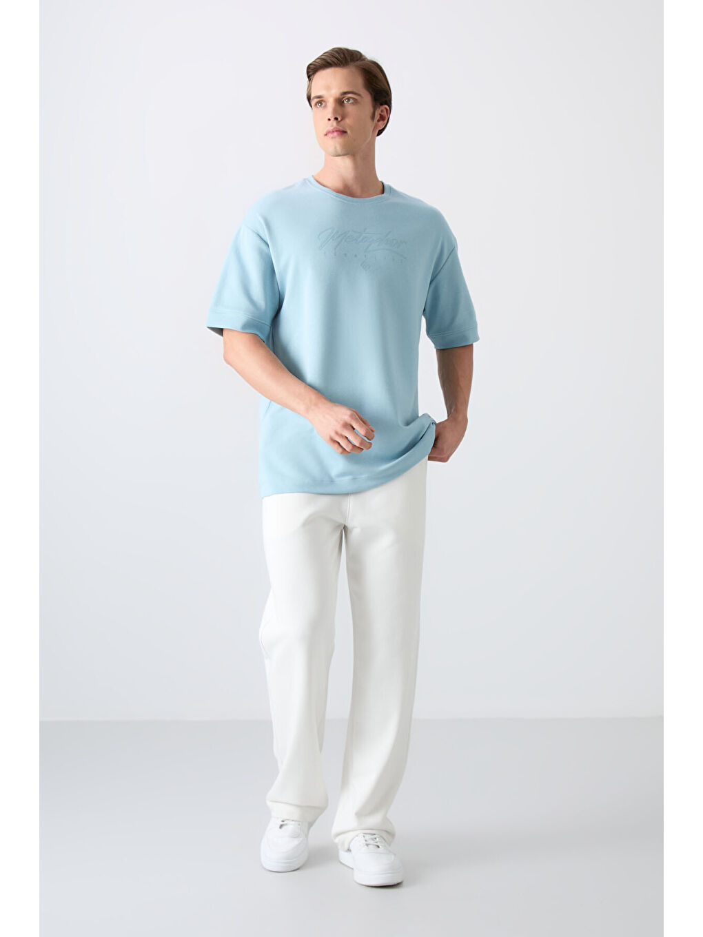 Açık Mavi Pamuklu Kalın Yumuşak Dokulu Oversize Fit Baskılı Erkek Tişört - 88320-1