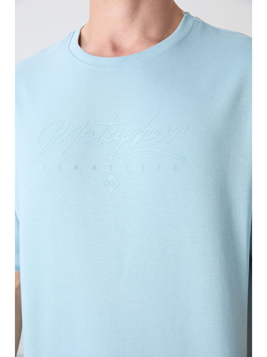 Açık Mavi Pamuklu Kalın Yumuşak Dokulu Oversize Fit Baskılı Erkek Tişört - 88320-2