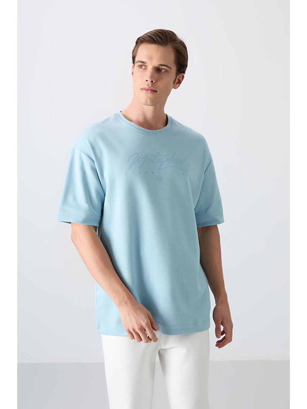 Açık Mavi Pamuklu Kalın Yumuşak Dokulu Oversize Fit Baskılı Erkek Tişört - 88320-3
