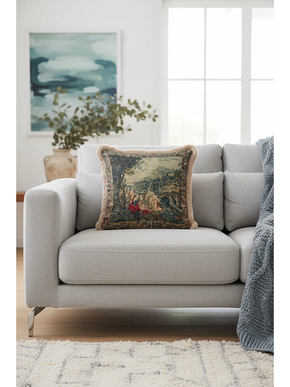 Karışık Avangard Saray Saçaklı Yastık Kılıfı - Klasik Kültürel Vintage Yeşil Bej Püsküllü Kırlent Kılıfı