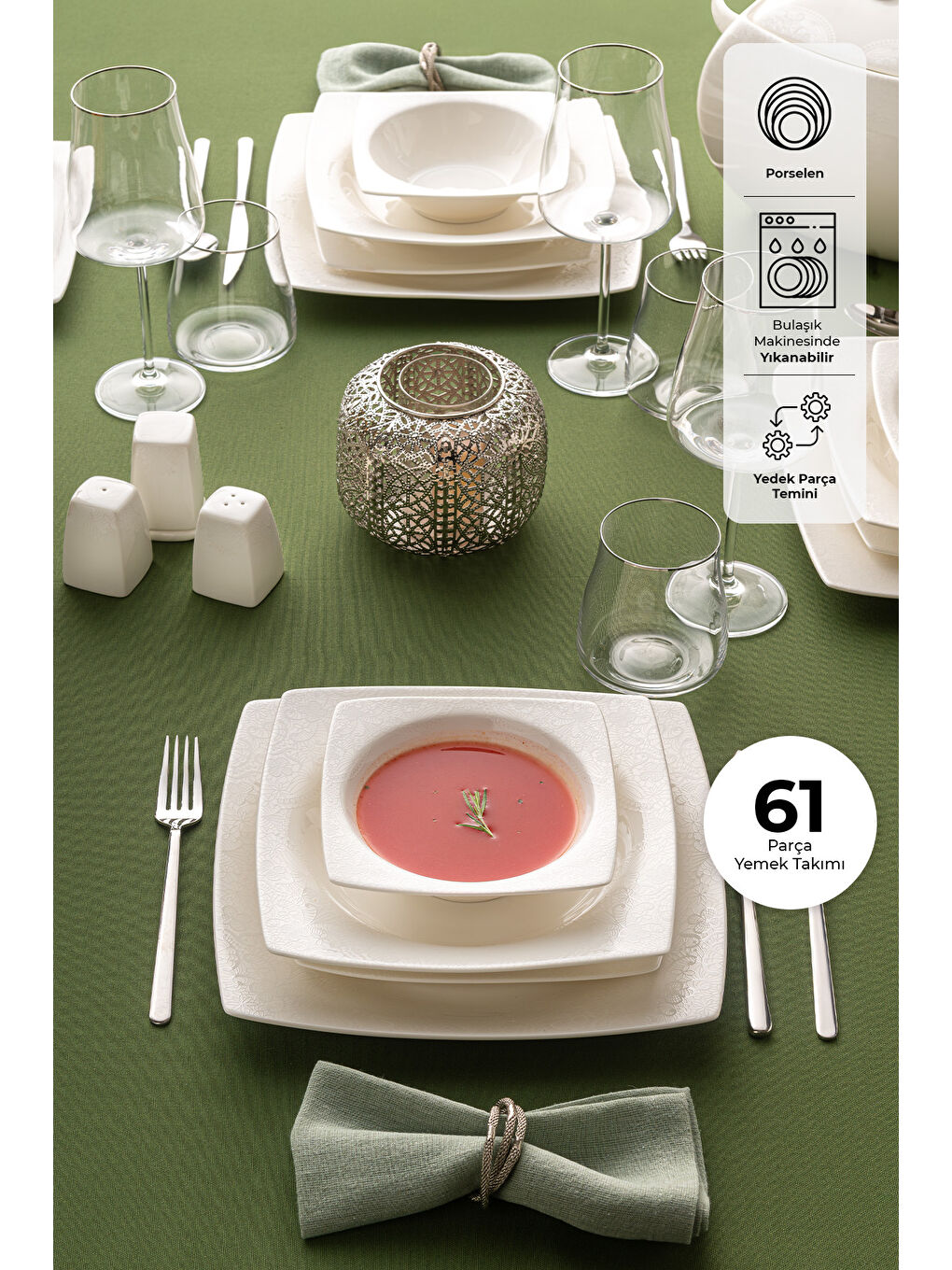 Beyaz Fine Bone Meyra 61 Parça 12 Kişilik Kare Yemek Takımı-2
