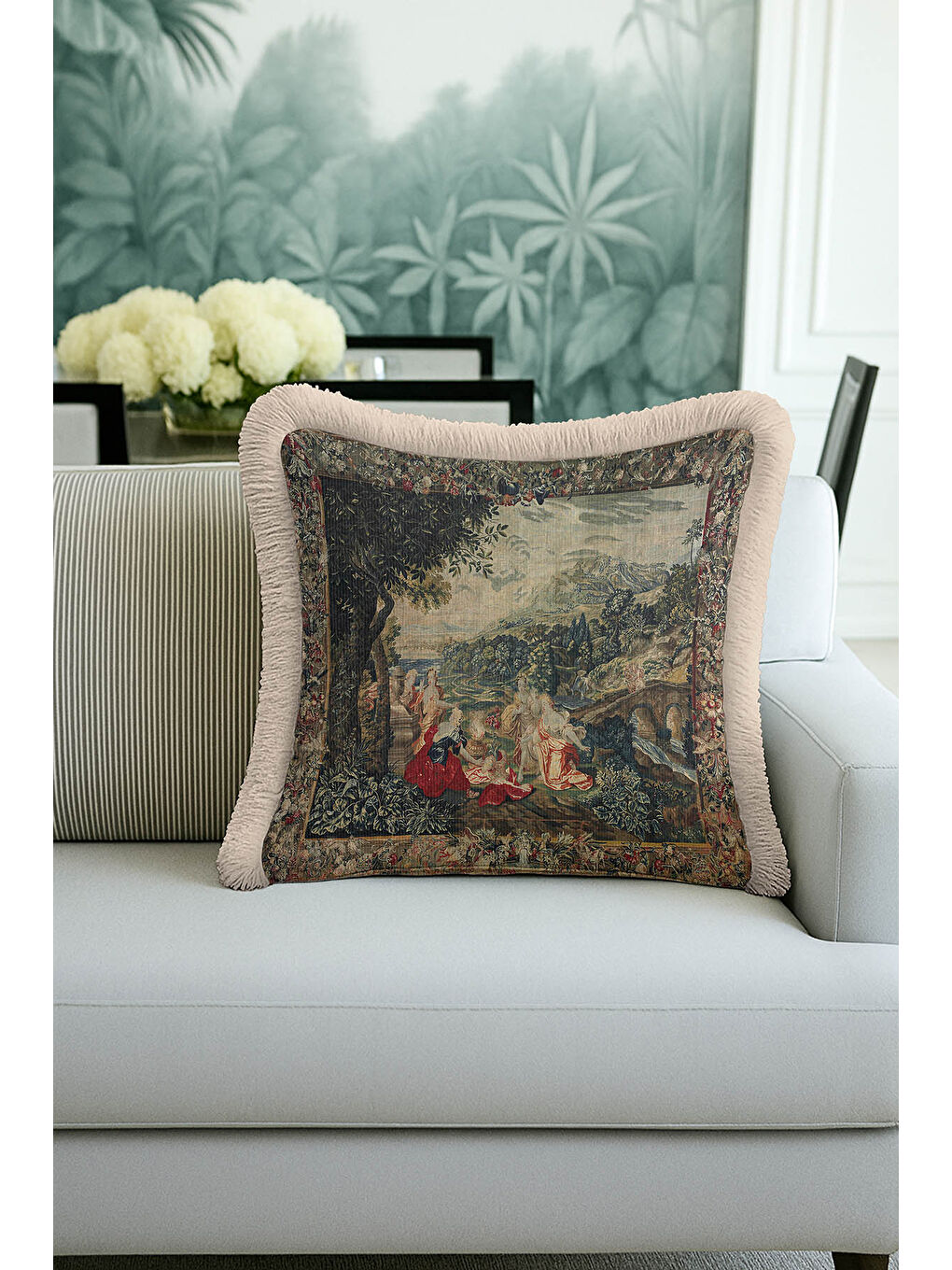 Karışık Avangard Saray Saçaklı Yastık Kılıfı - Klasik Kültürel Vintage Yeşil Bej Püsküllü Kırlent Kılıfı-1