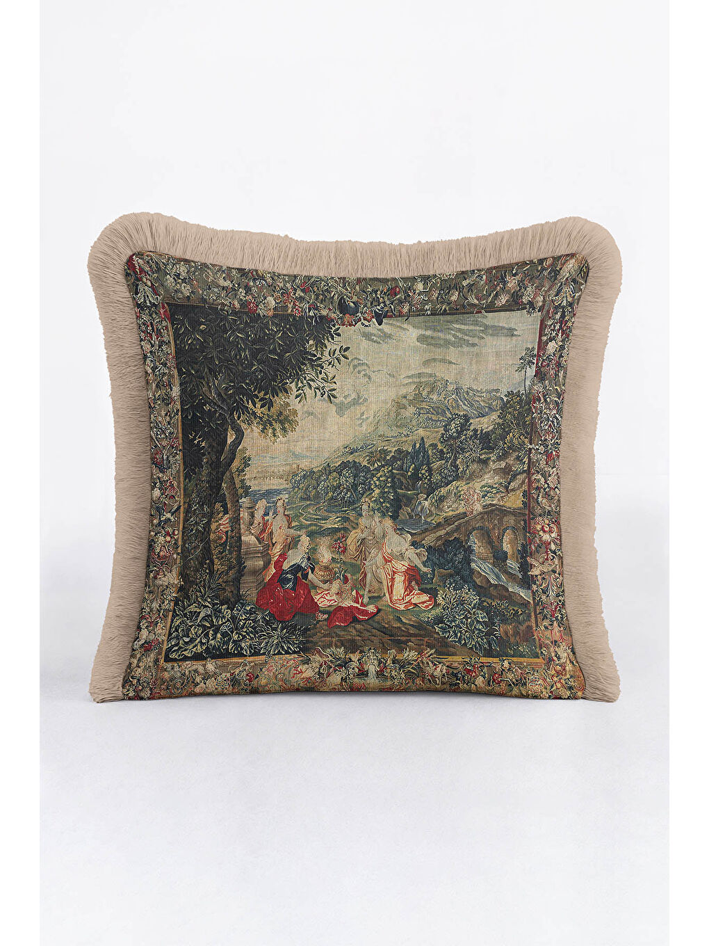 Karışık Avangard Saray Saçaklı Yastık Kılıfı - Klasik Kültürel Vintage Yeşil Bej Püsküllü Kırlent Kılıfı-2