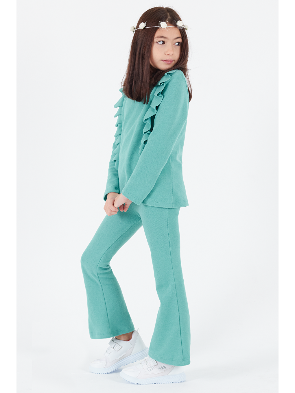 Yeşil Kız Çocuk İspanyol Paça Fırfırlı Takım 14637-1