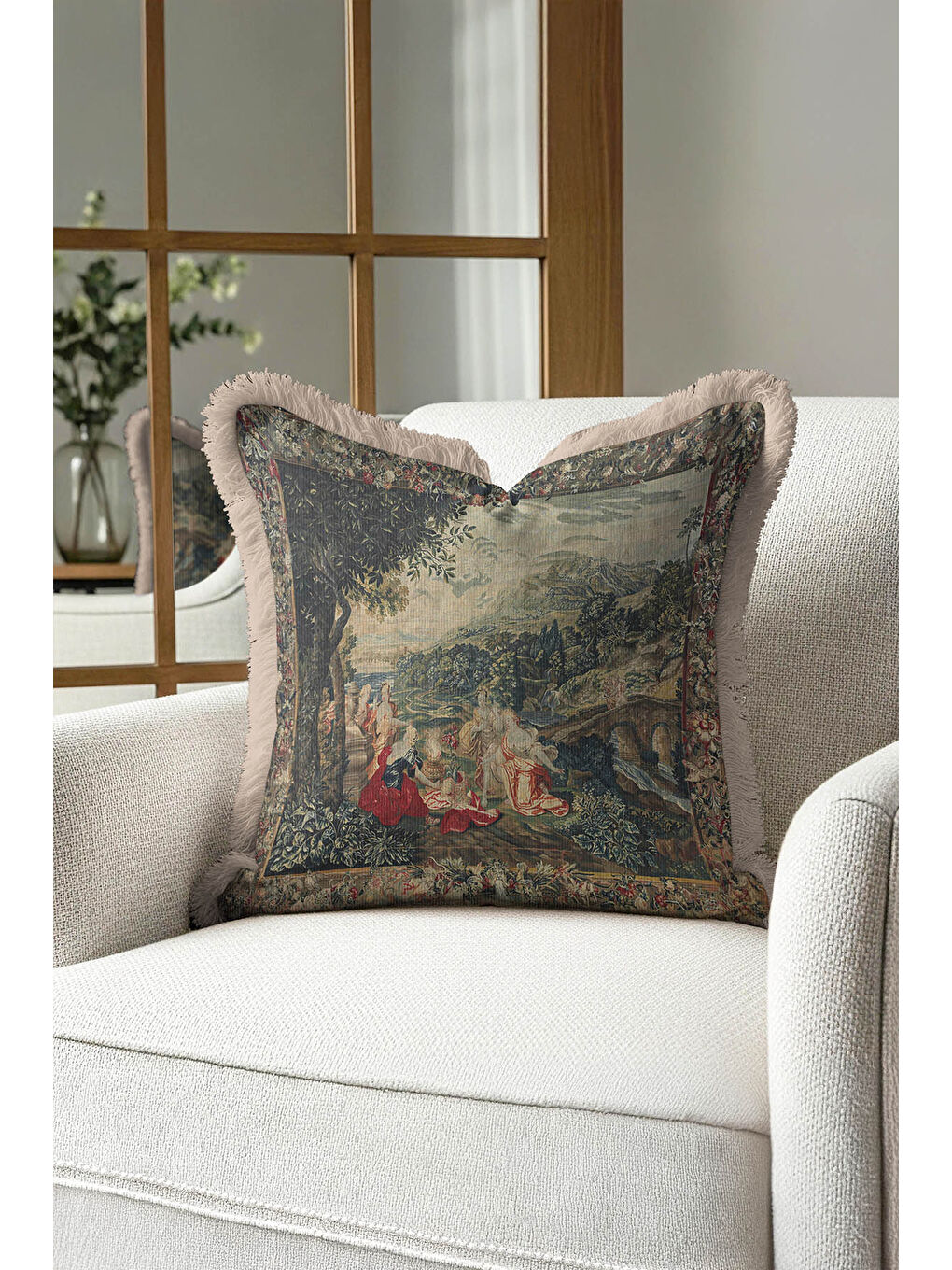 Karışık Avangard Saray Saçaklı Yastık Kılıfı - Klasik Kültürel Vintage Yeşil Bej Püsküllü Kırlent Kılıfı-3