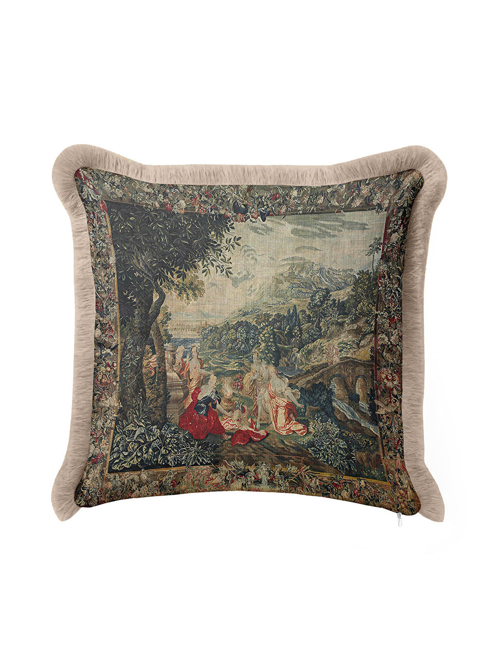 Karışık Avangard Saray Saçaklı Yastık Kılıfı - Klasik Kültürel Vintage Yeşil Bej Püsküllü Kırlent Kılıfı-4