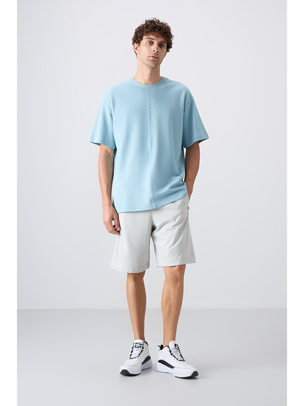 Açık Mavi Pamuklu Kalın Yüzeyi Dokulu Oversize Fit Basic Erkek Tişört - 88337-2