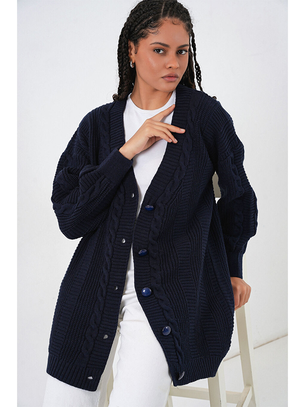 15768 Tesettür Triko Hırka - Lacivert-2