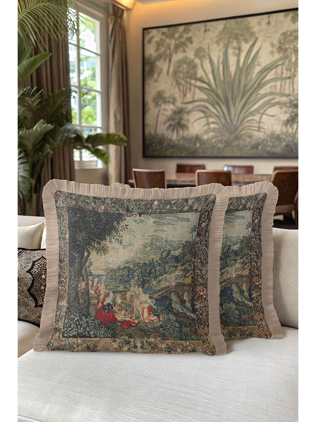 Karışık Avangard Saray Saçaklı Yastık Kılıfı - Klasik Kültürel Vintage Yeşil Bej Püsküllü Kırlent Kılıfı-5