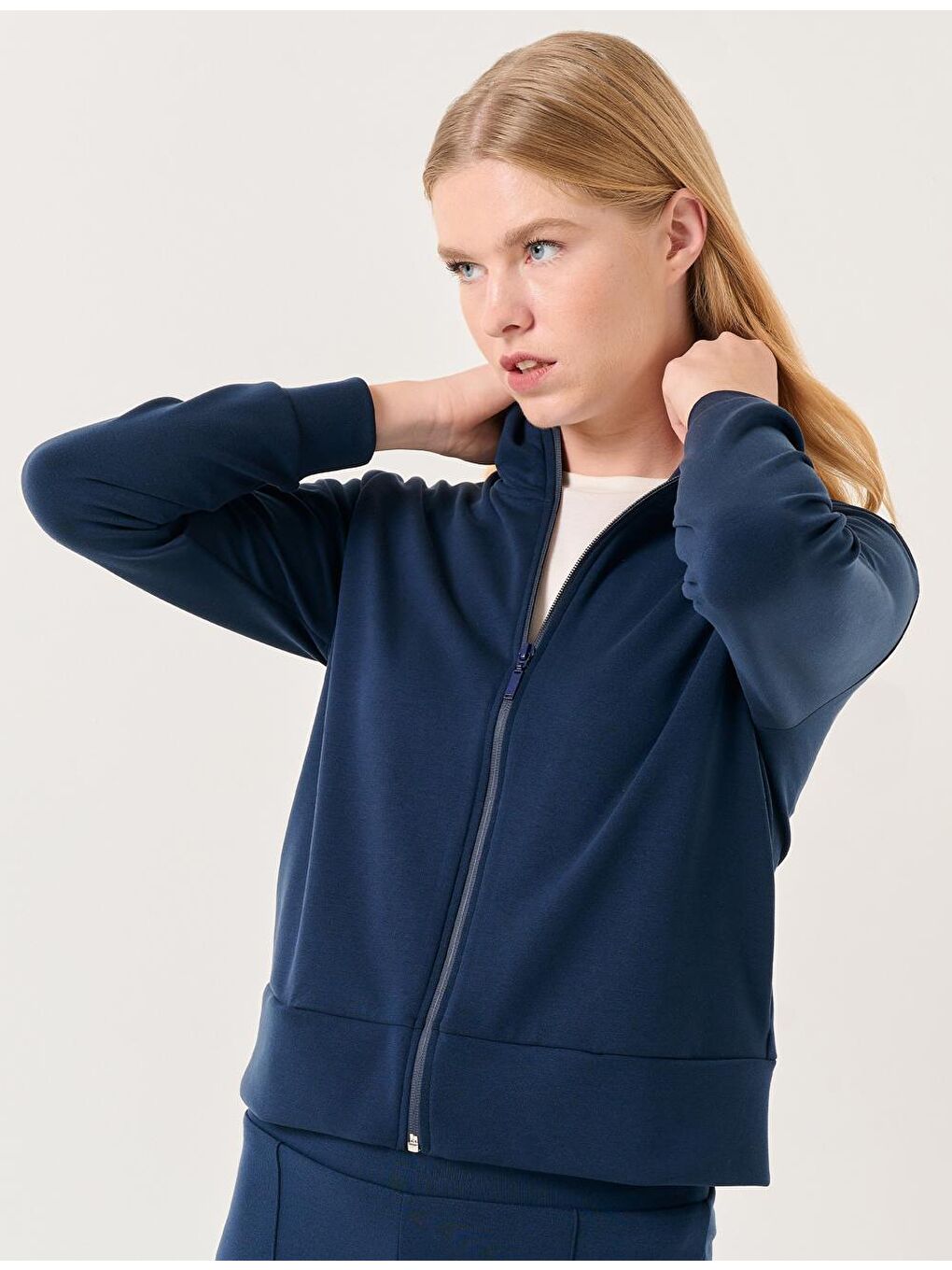 Lacivert Balıkçı Yaka Uzun Kollu Fermuarlı Sweatshirt