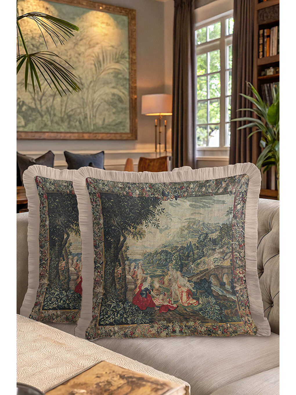 Karışık Avangard Saray Saçaklı Yastık Kılıfı - Klasik Kültürel Vintage Yeşil Bej Püsküllü Kırlent Kılıfı-7