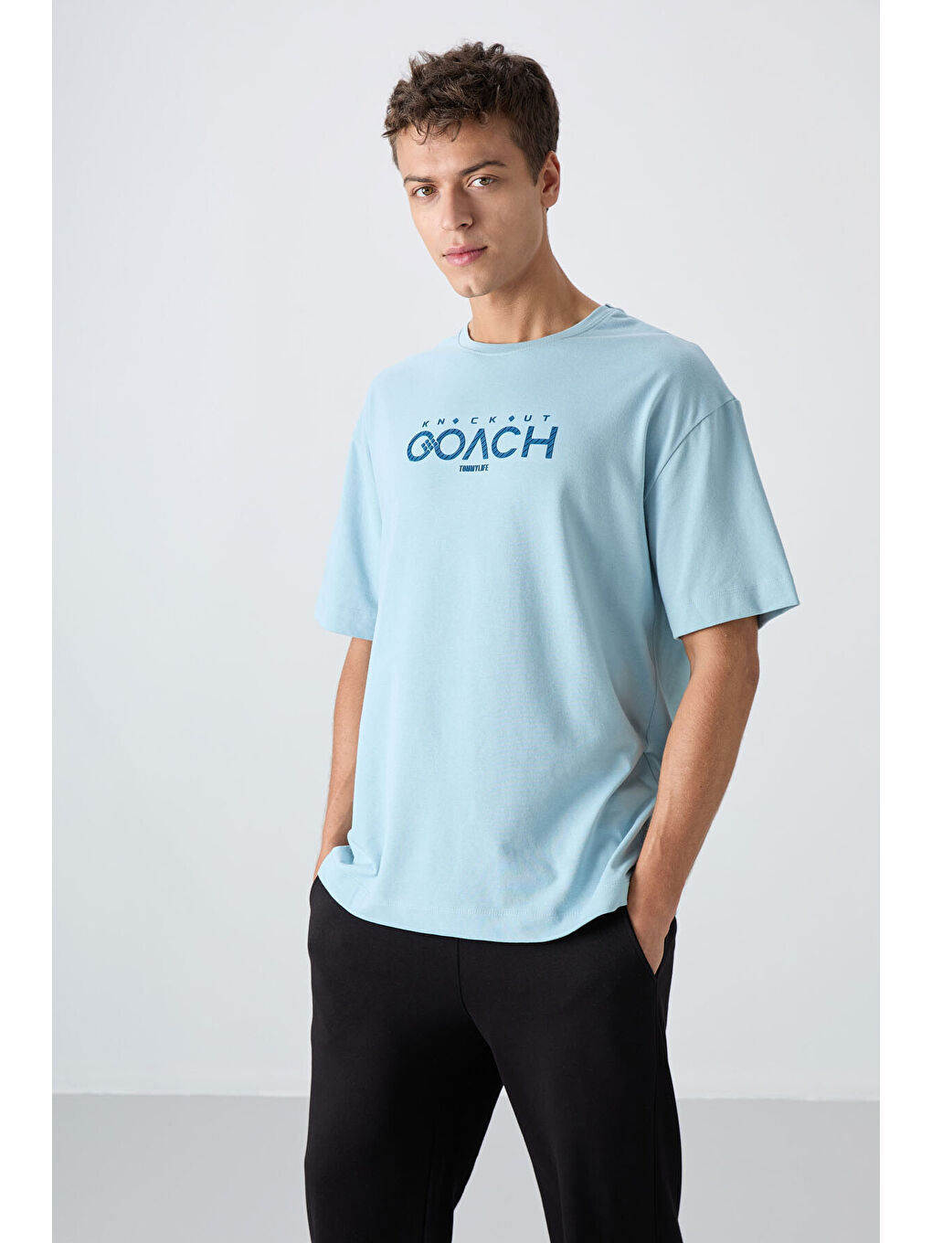 Açık Mavi Pamuklu Kalın Yumuşak Dokulu Oversize Fit Baskılı Erkek Tişört - 88329