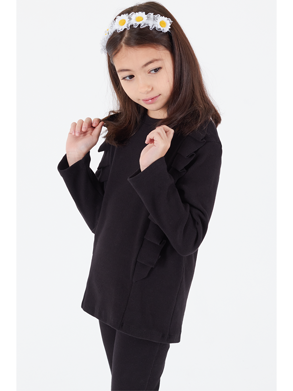 Siyah Kız Çocuk İspanyol Paça Fırfırlı Takım 14637-2