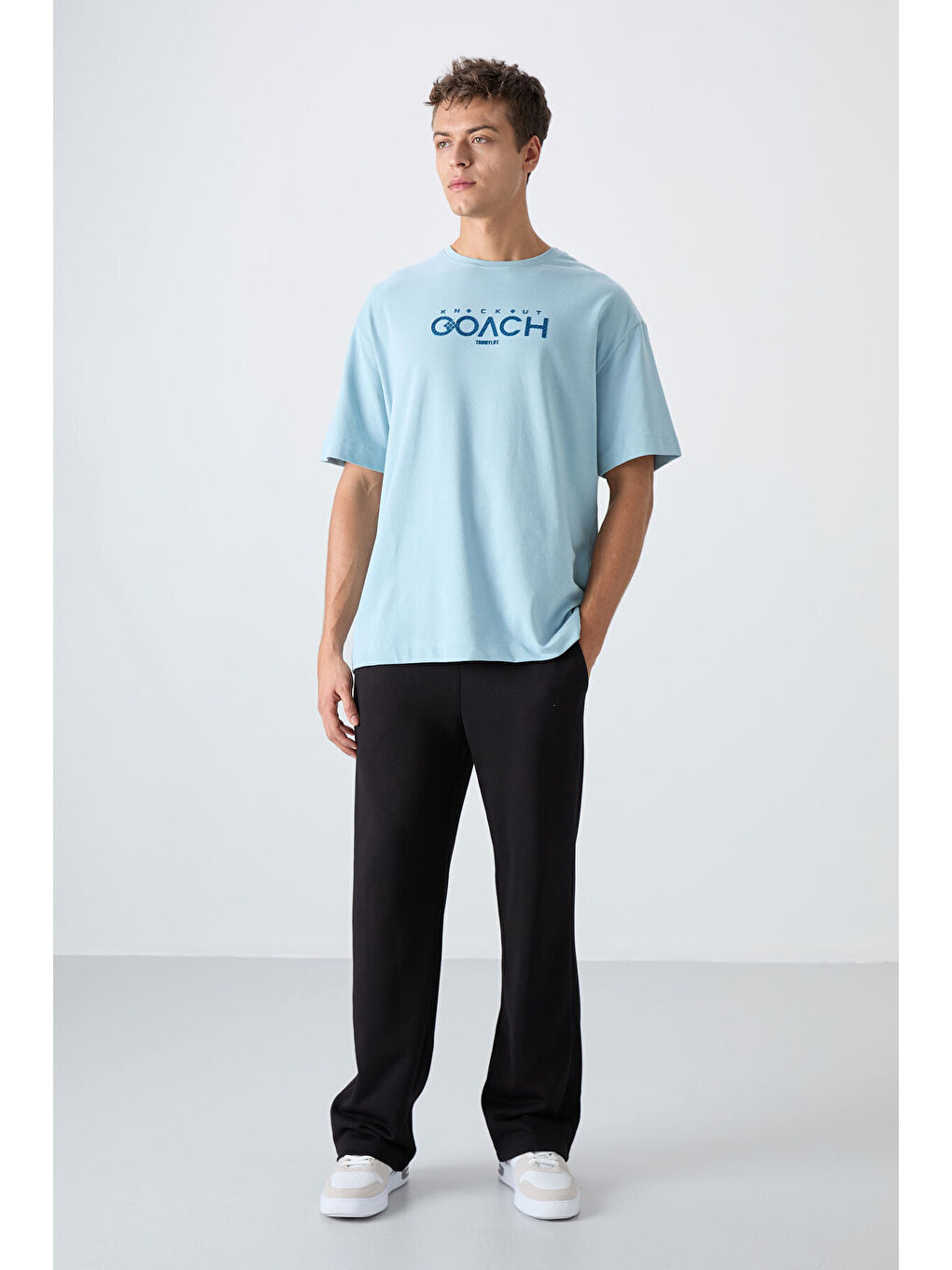 Açık Mavi Pamuklu Kalın Yumuşak Dokulu Oversize Fit Baskılı Erkek Tişört - 88329-1