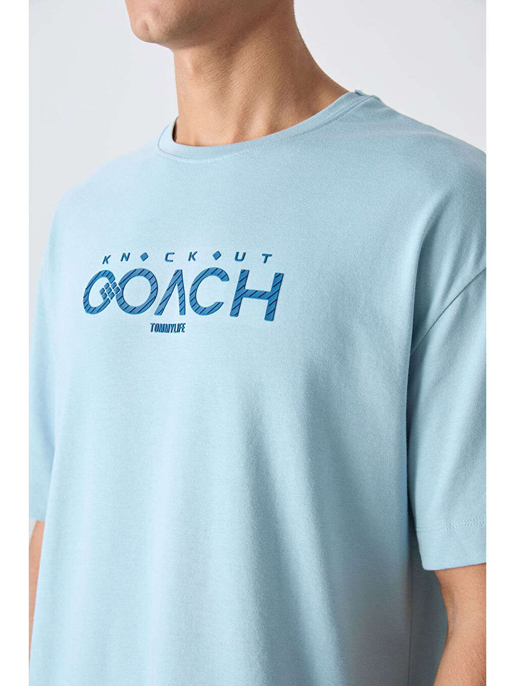 Açık Mavi Pamuklu Kalın Yumuşak Dokulu Oversize Fit Baskılı Erkek Tişört - 88329-2