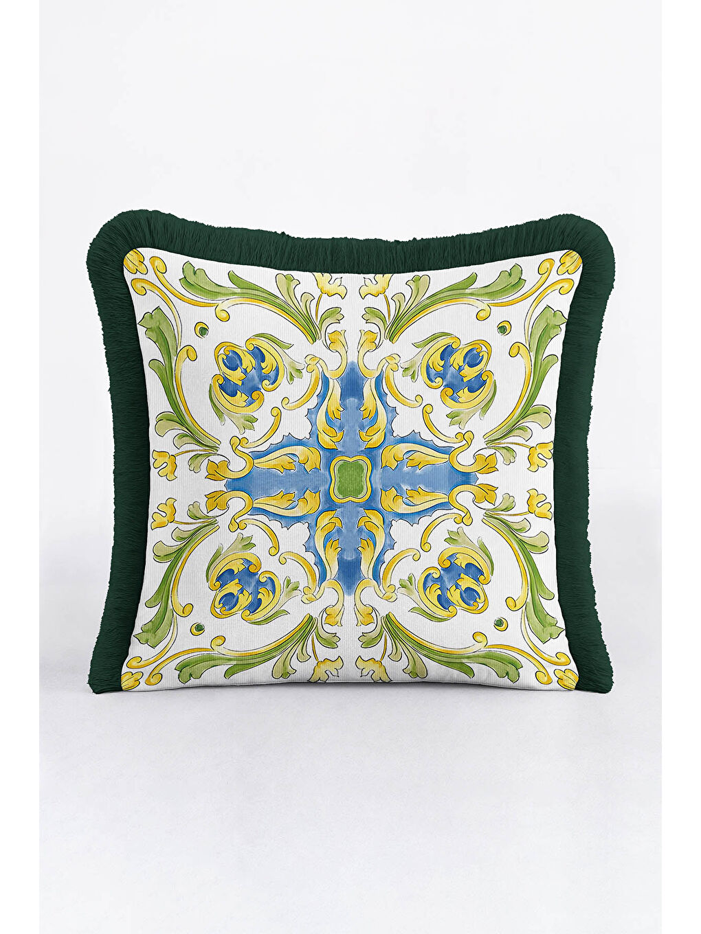 Karışık Barok Saray Stil Saçaklı Yastık Kılıfı - Lüks Akdeniz Klasik Mavi Altın Renk Püsküllü Kırlent Kılıfı