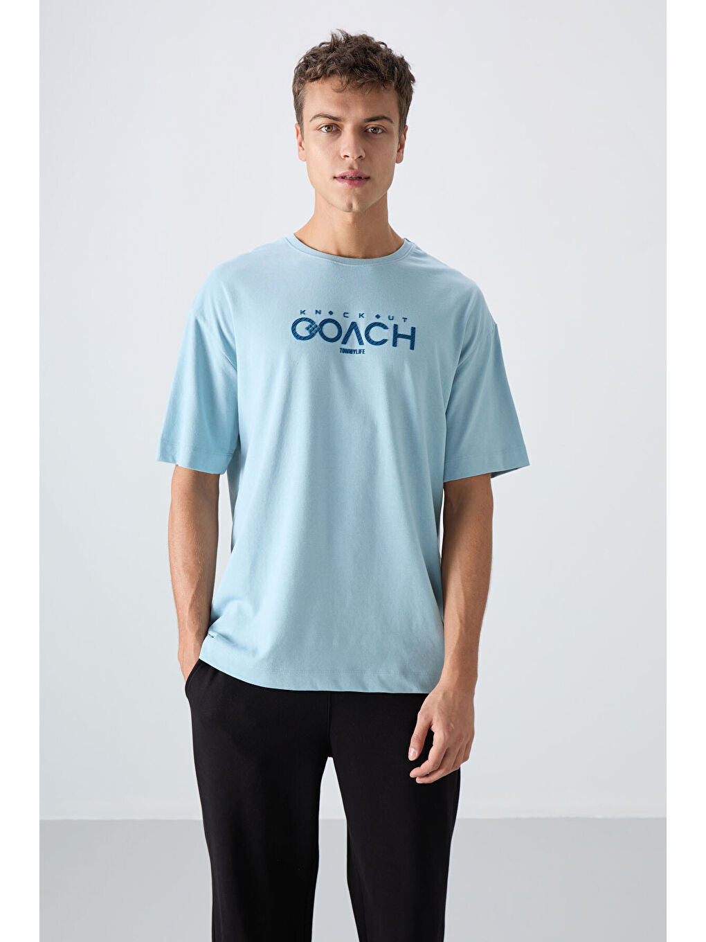 Açık Mavi Pamuklu Kalın Yumuşak Dokulu Oversize Fit Baskılı Erkek Tişört - 88329-3