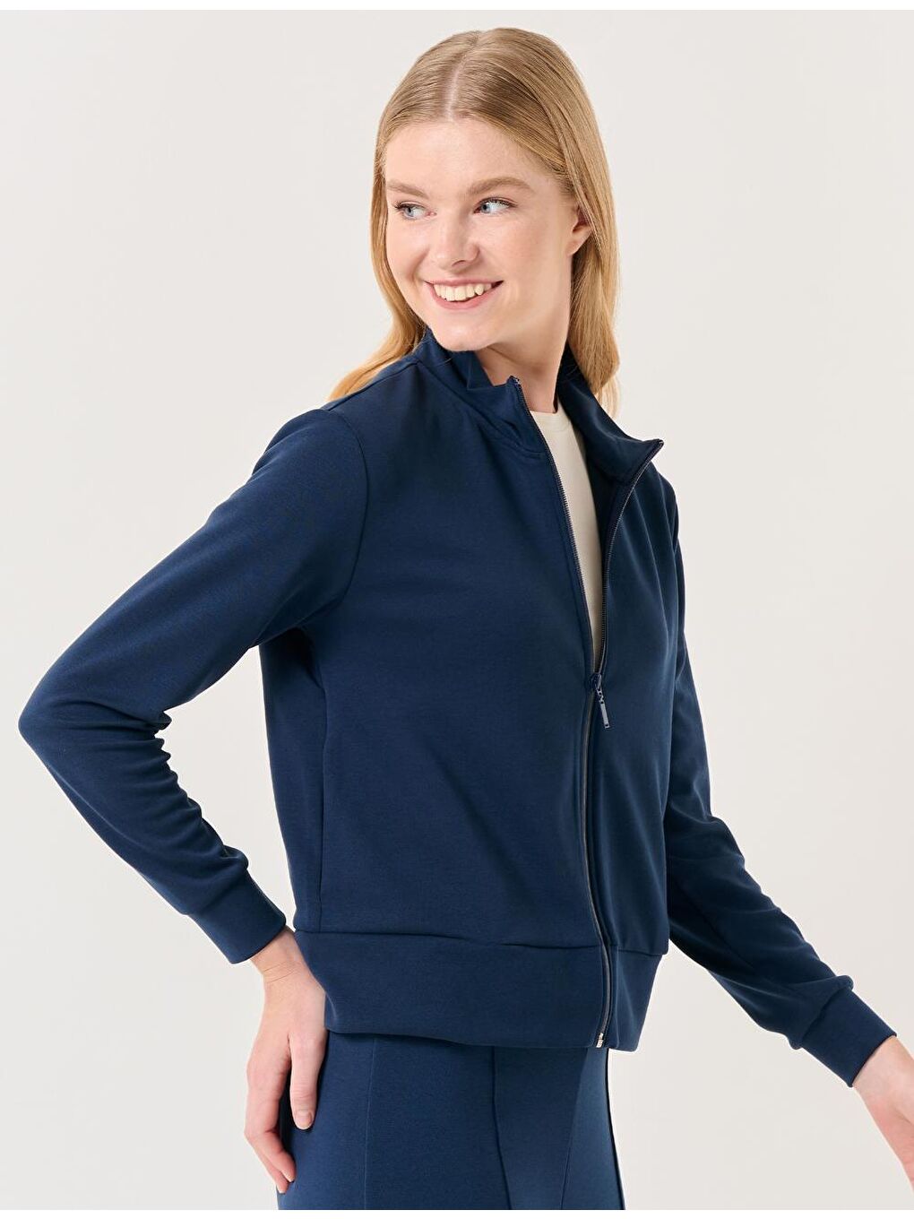 Lacivert Balıkçı Yaka Uzun Kollu Fermuarlı Sweatshirt-3