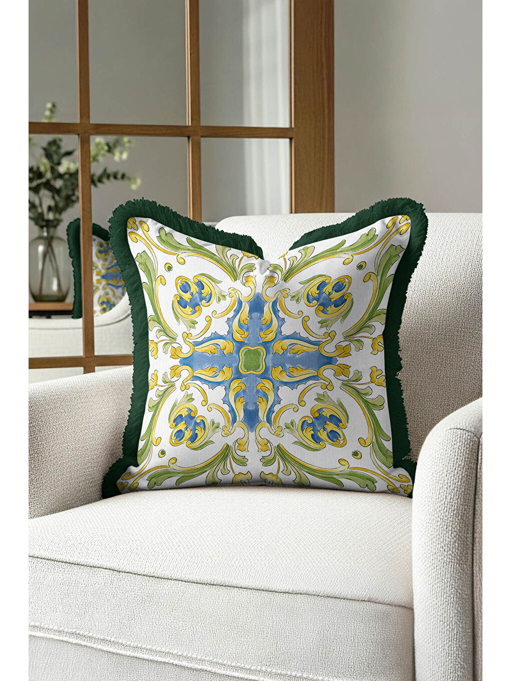 Karışık Barok Saray Stil Saçaklı Yastık Kılıfı - Lüks Akdeniz Klasik Mavi Altın Renk Püsküllü Kırlent Kılıfı-2
