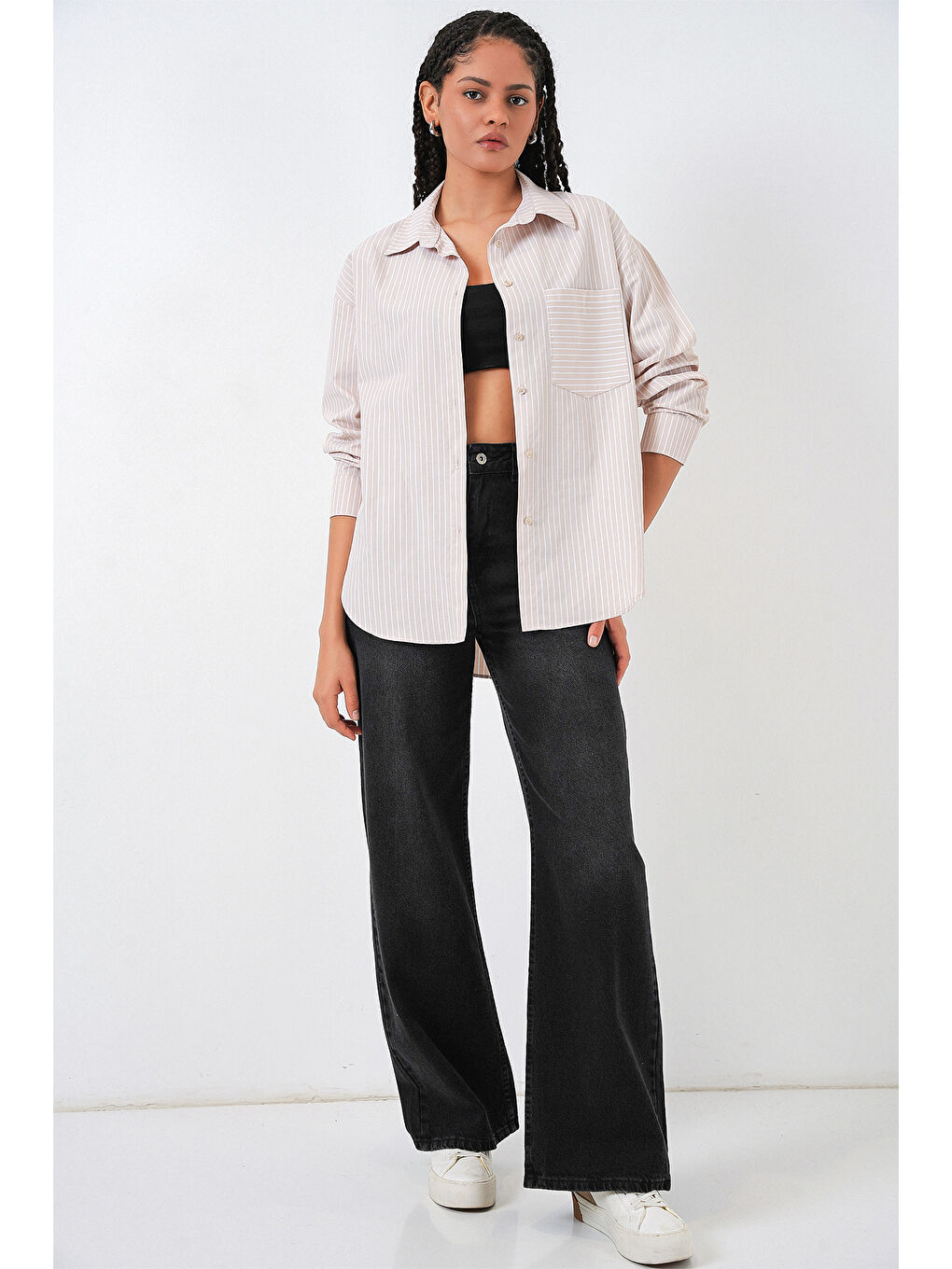 Ekru 20205 Çizgili Oversize Gömlek - Krem-1