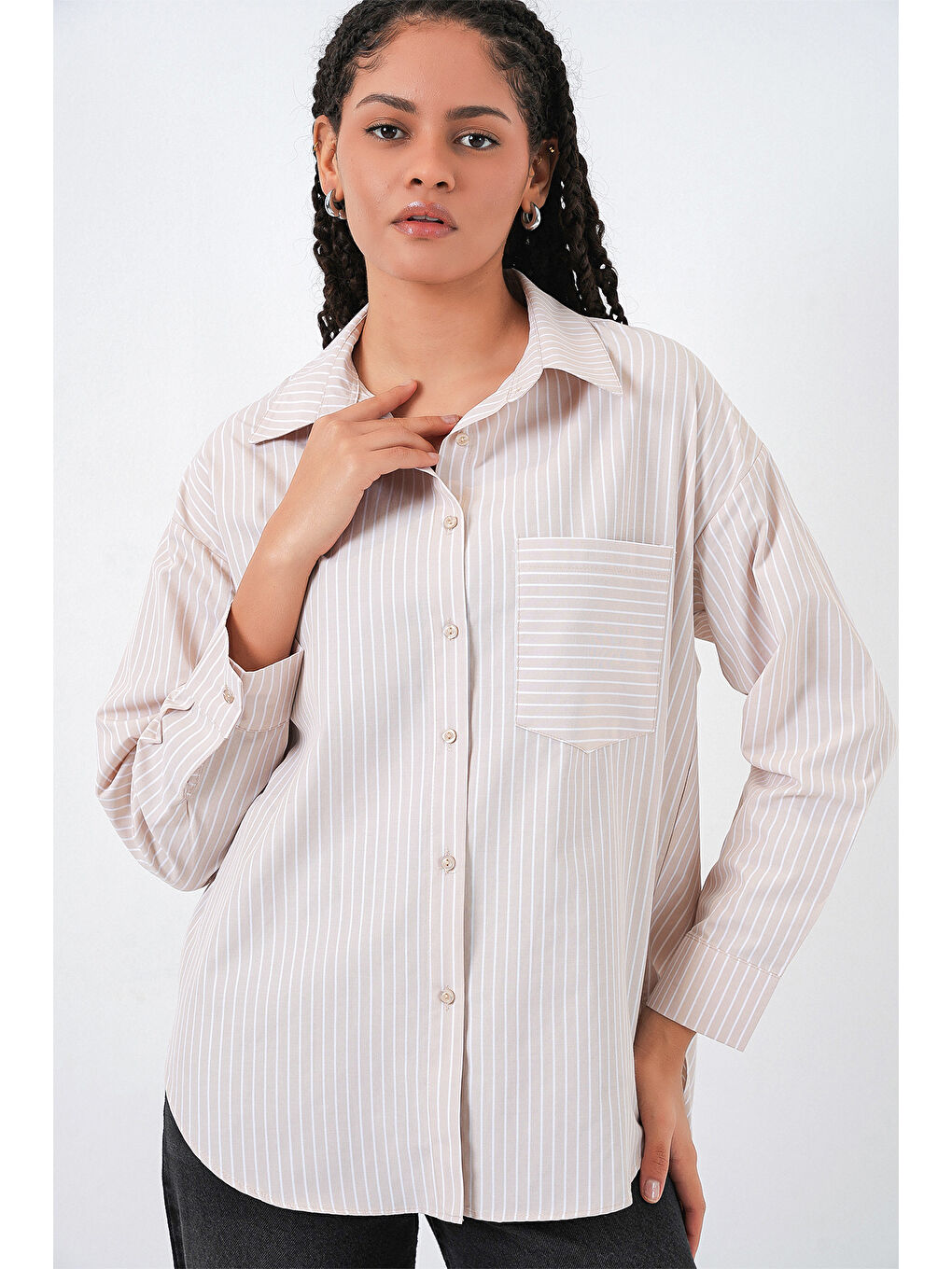Ekru 20205 Çizgili Oversize Gömlek - Krem-2