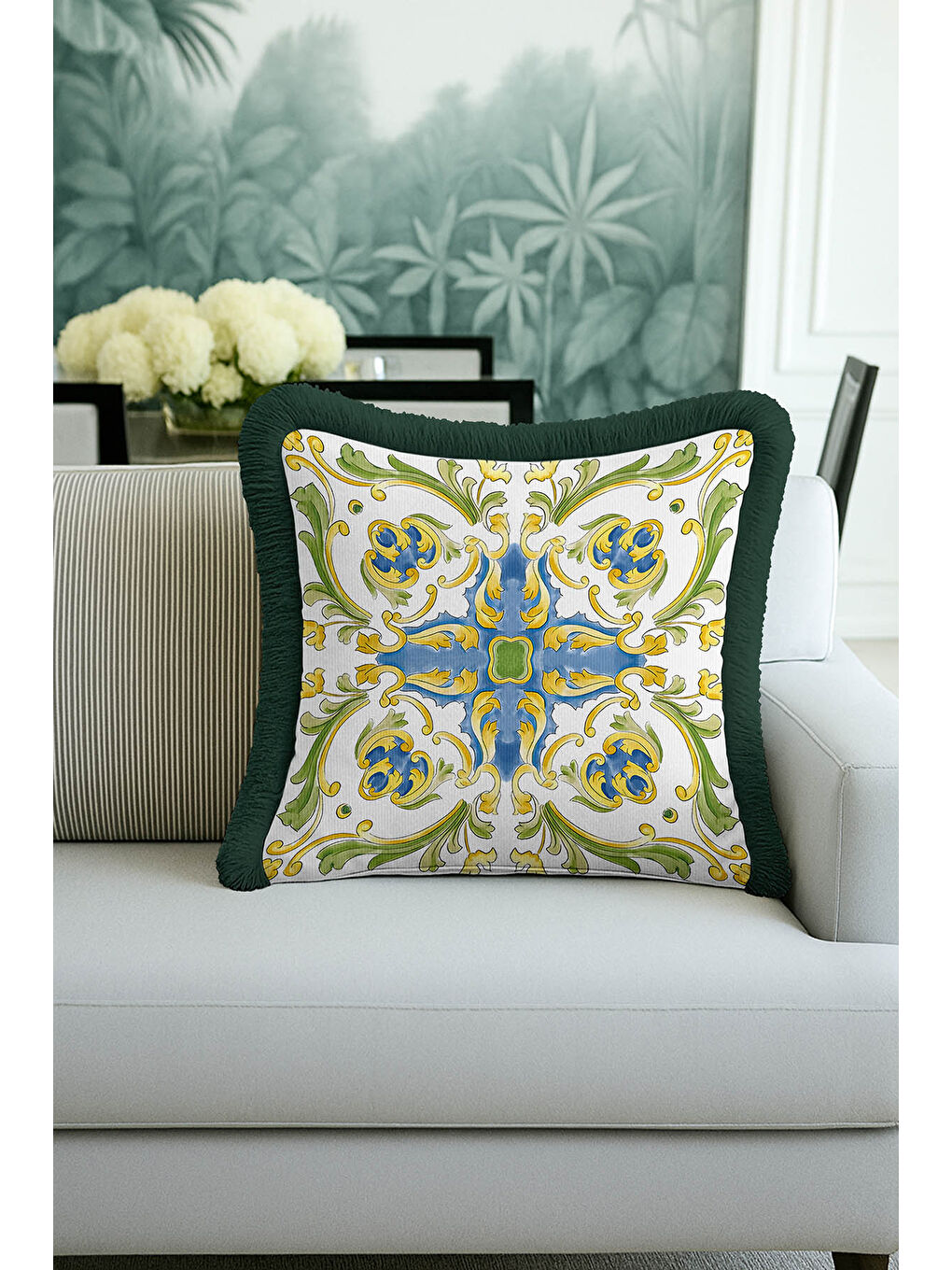 Karışık Barok Saray Stil Saçaklı Yastık Kılıfı - Lüks Akdeniz Klasik Mavi Altın Renk Püsküllü Kırlent Kılıfı-3