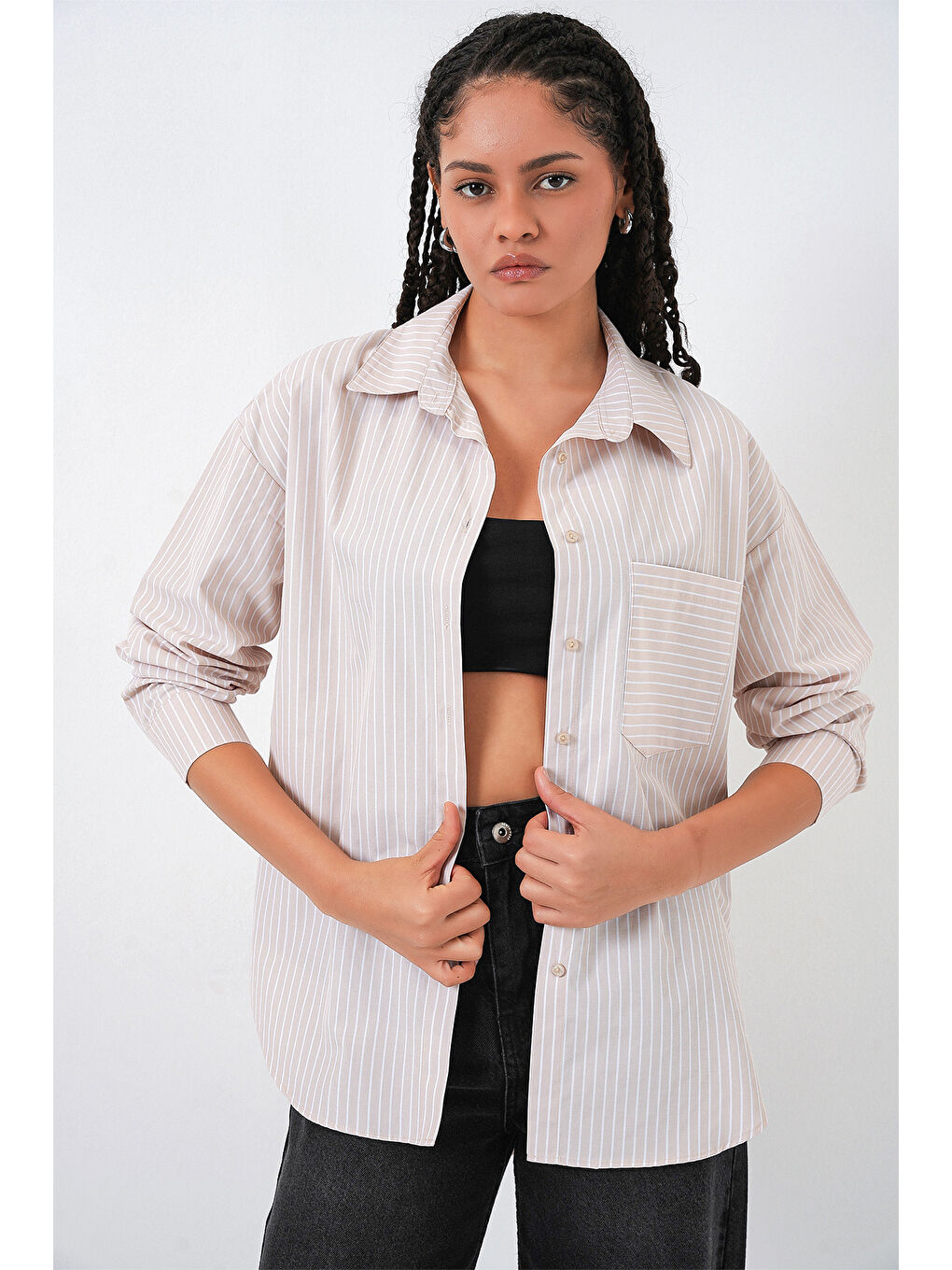 Ekru 20205 Çizgili Oversize Gömlek - Krem-3