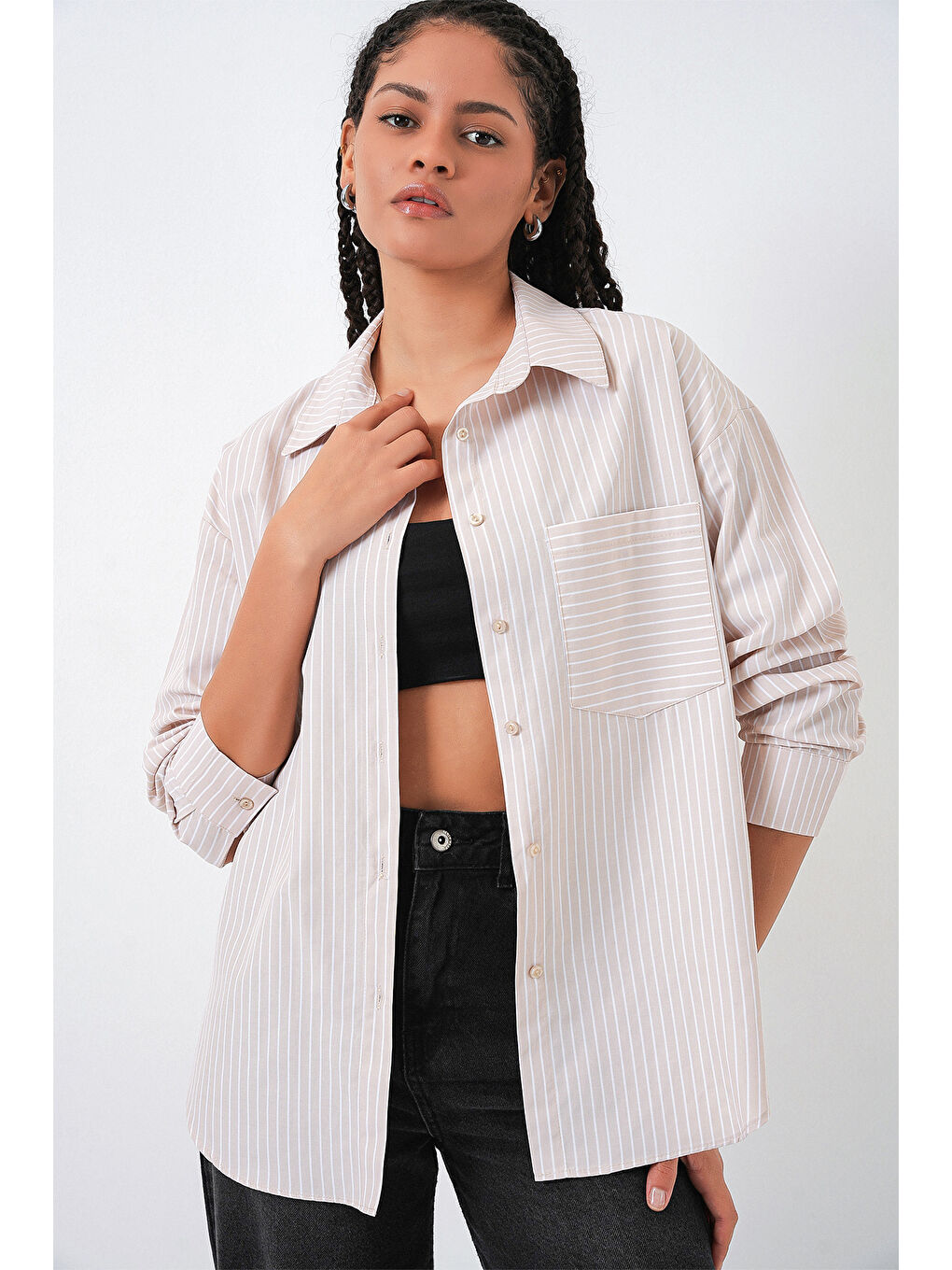 Ekru 20205 Çizgili Oversize Gömlek - Krem-4