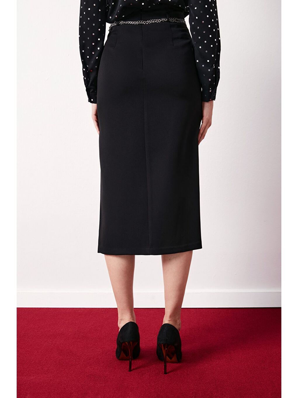 Gümüş Zincirli Kalem Etek - Siyah-4