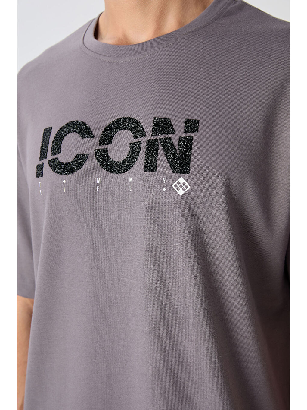 Koyu Gri Pamuklu Kalın Yumuşak Dokulu Oversize Fit Baskılı Erkek Tişört - 88331-2