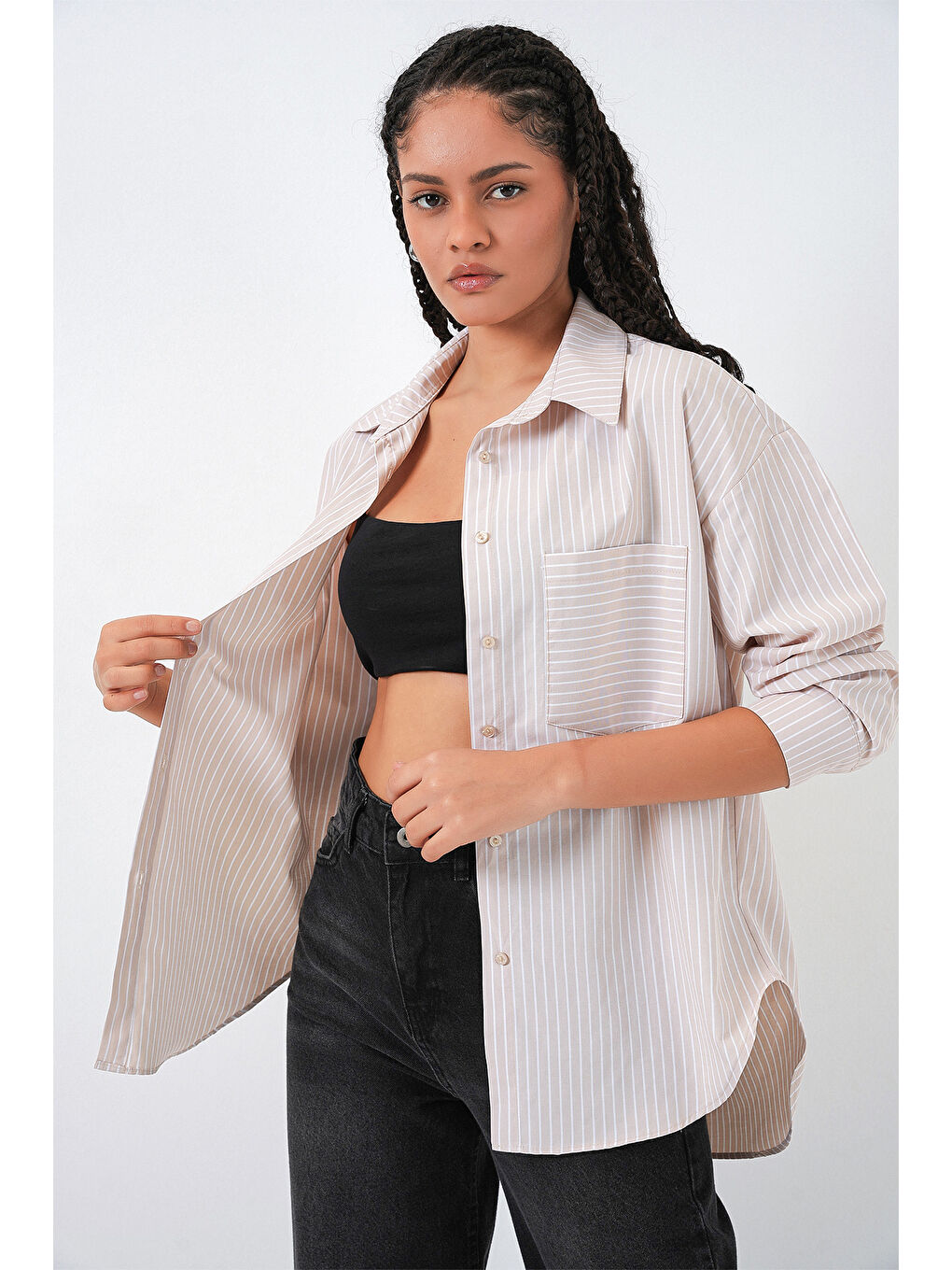 Ekru 20205 Çizgili Oversize Gömlek - Krem-5