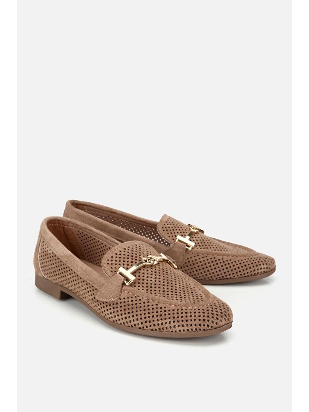 Bej Kadın Vizon Süet Tokalı Zımba Detaylı Loafer-1
