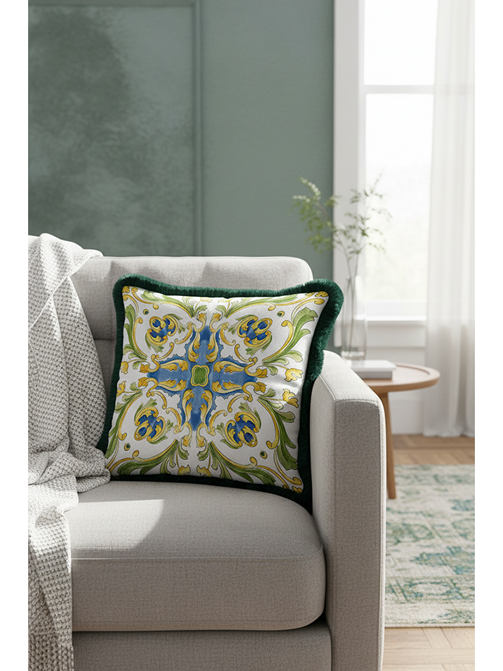 Karışık Barok Saray Stil Saçaklı Yastık Kılıfı - Lüks Akdeniz Klasik Mavi Altın Renk Püsküllü Kırlent Kılıfı-4