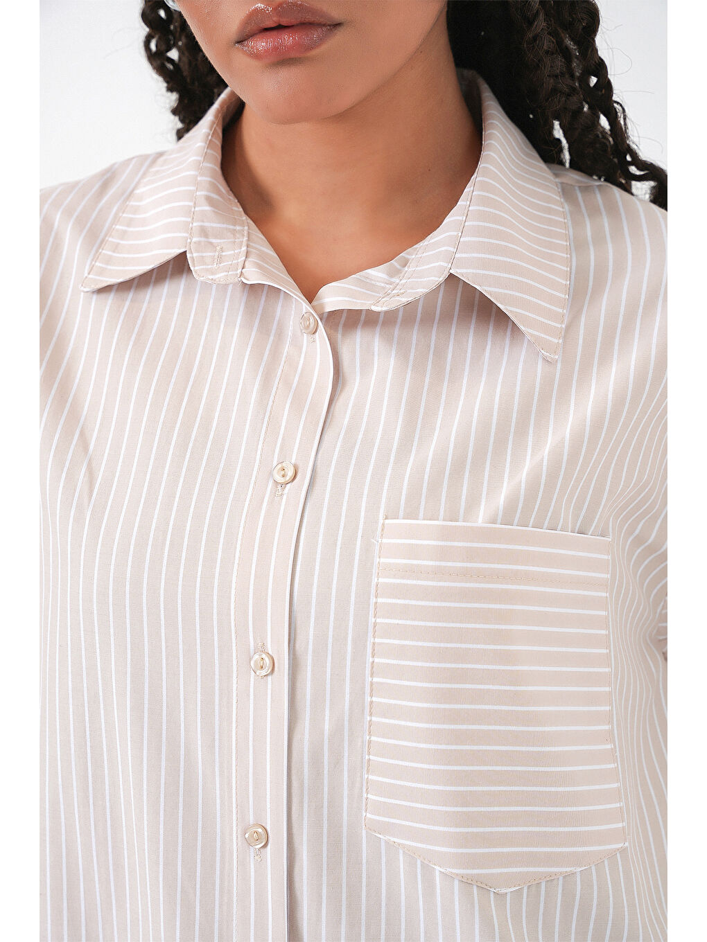 Ekru 20205 Çizgili Oversize Gömlek - Krem-6